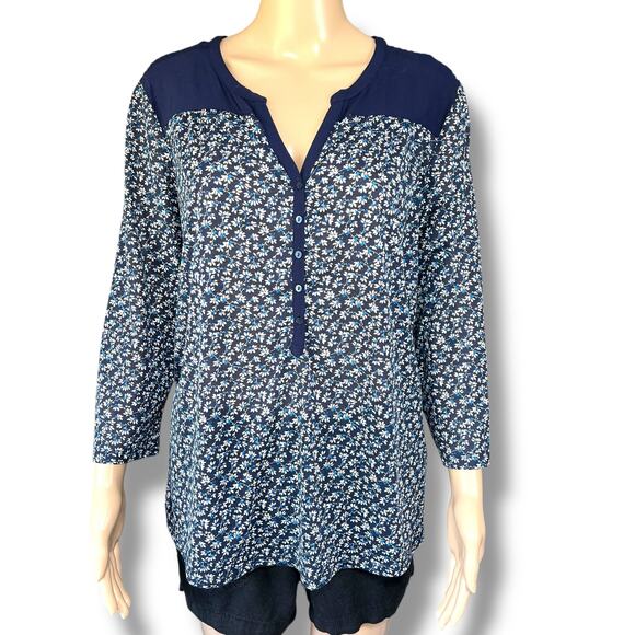 H&M Womens Blouse Top Shirt Blue Floral Print Long Sleeve Henley V Neck Large - Picture 1 of 11